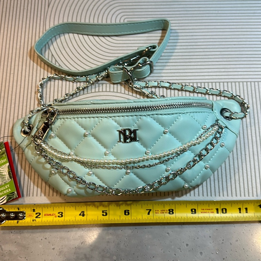 NWT Badgley Mischka crossbody bag Pale Green beaded/chains/pearls Vegan Leather